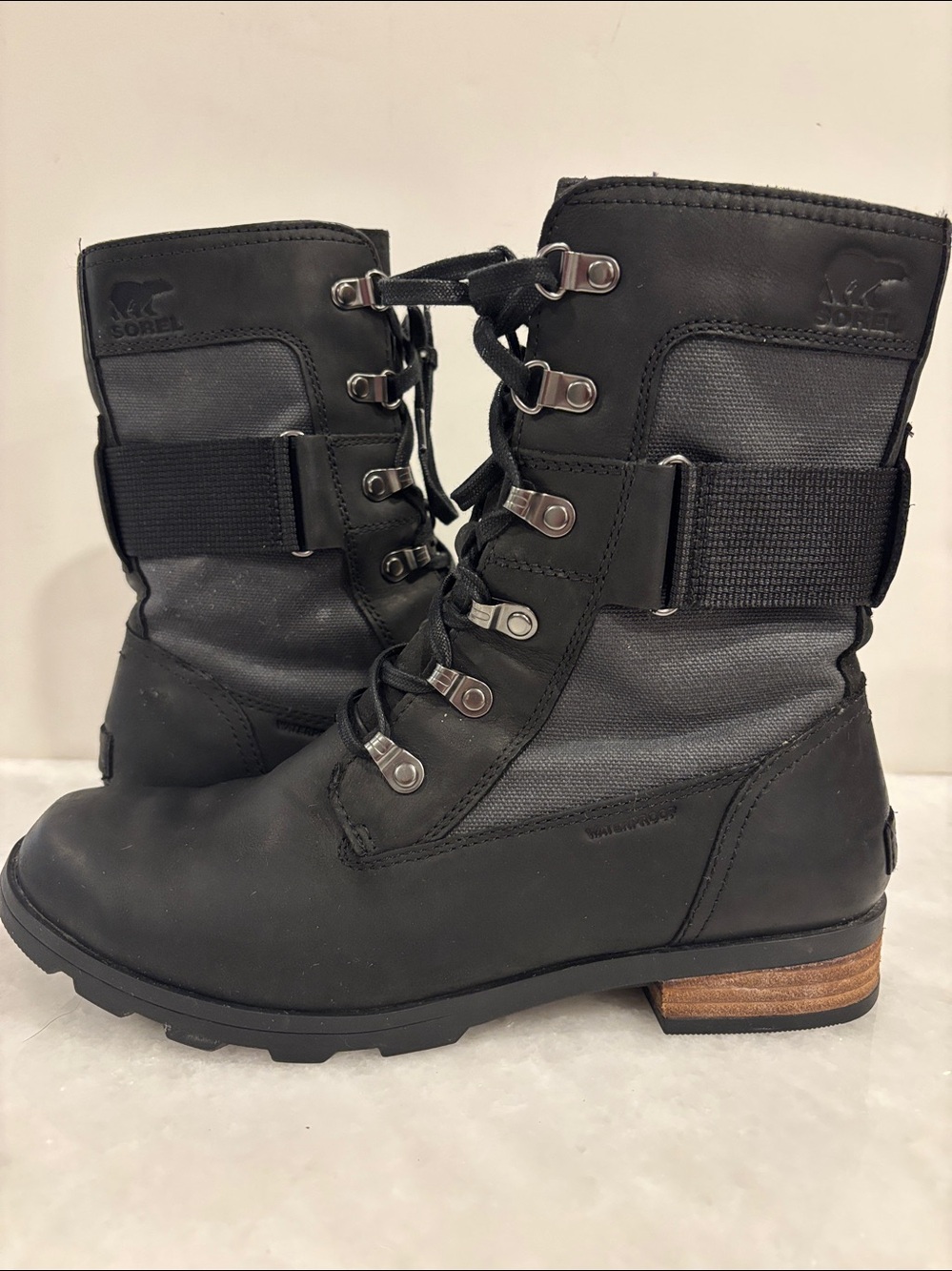 SOREL Emelie Conquest Leather Waterproof Combat Goth Boots, Black Size 9